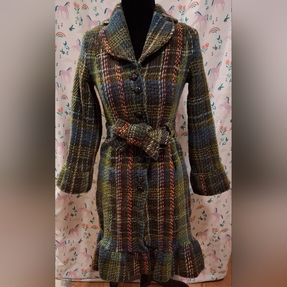 elevenses Jackets & Blazers - NWOT RARE Vintage Anthropologie Elevenses Tweed Princess Green Plaid Coat SZ 4